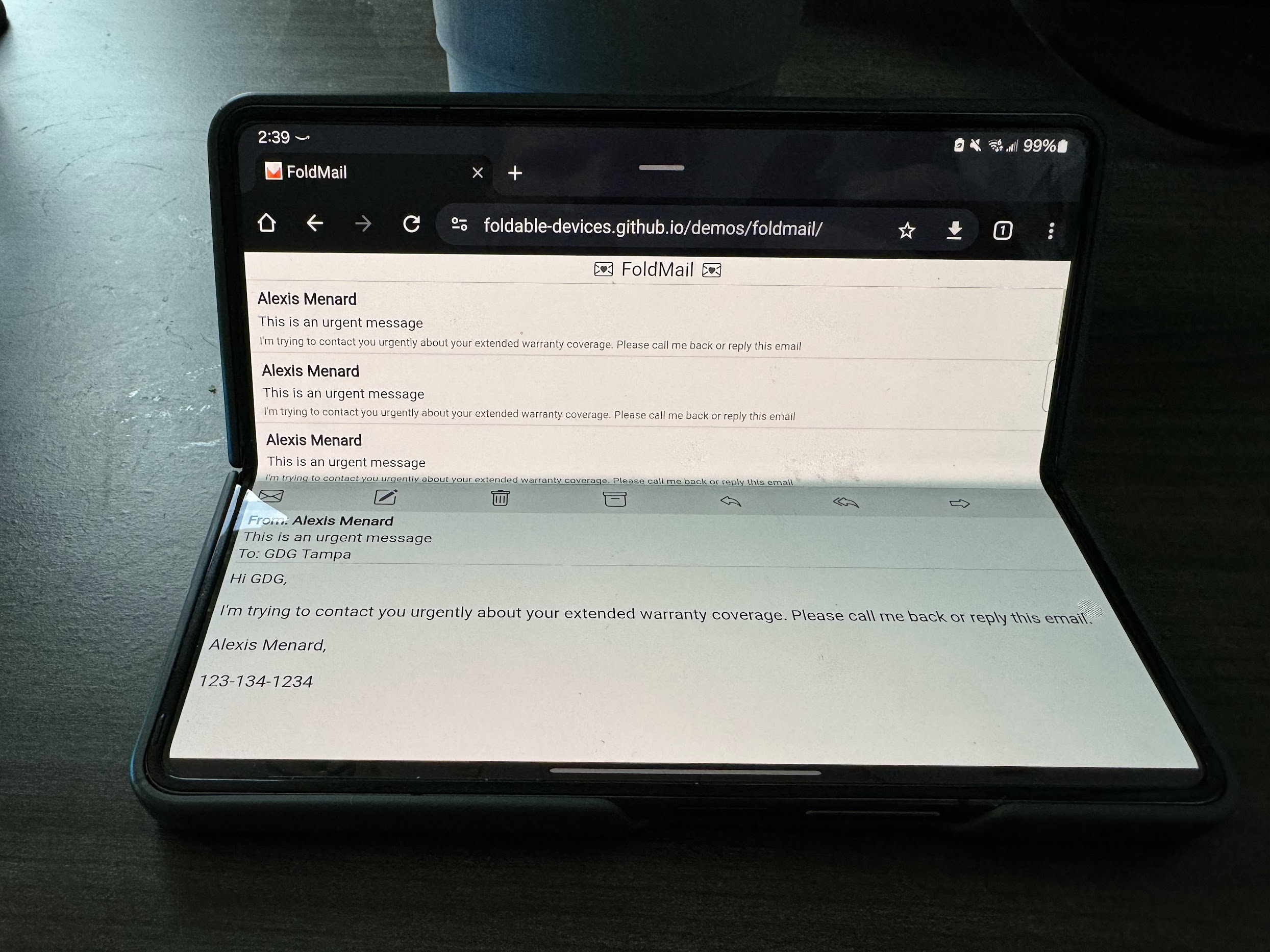 picture of a Samsung Galaxy Z Fold running the fold mail demo